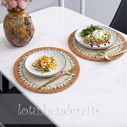 Mother of Pearl Rattan Round Tray, Serving Tray & Charger Plate with Fish Mosaic by Lotushandcrafts.