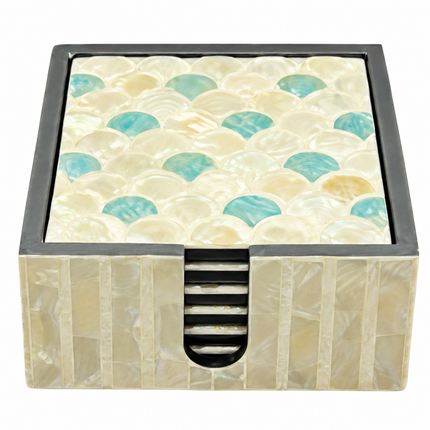 A set of six square mother of pearl coasters featuring an intricate fish scale tile pattern in aqua, turquoise, ivory, and pearlescent white, complete with a matching holder for an elegant display.