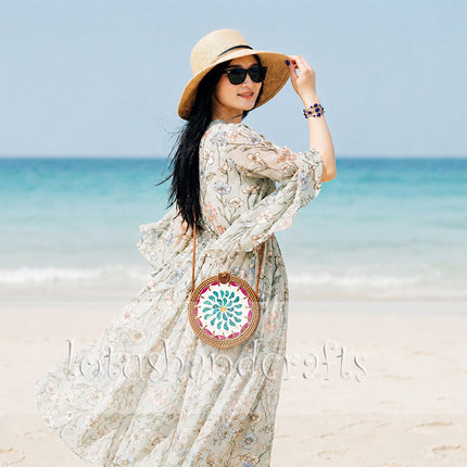 Mother of Pearl Floral Mosaic Round Rattan Crossbody Bag for Every Outfit.