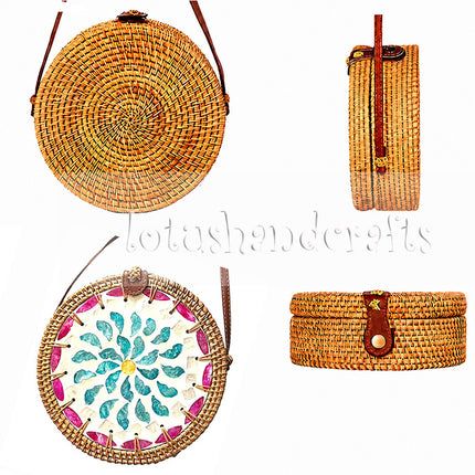 Mother of Pearl Floral Mosaic Round Rattan Crossbody Bag with a Youthful and Eye Catching Design.