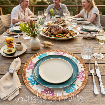Handmade Mother of Pearl Blue & Pink Floral Mosaic Round Rattan Placemat & Charger Plate by Lotushandcrafts.