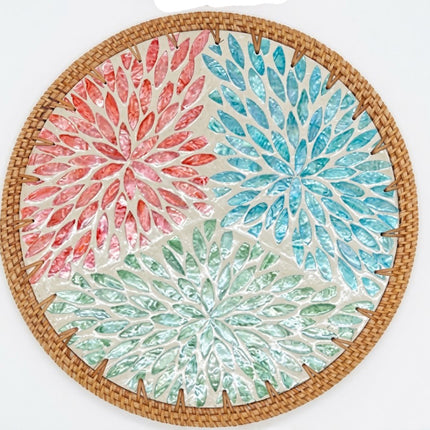 Handcrafted Rattan & Mother of Pearl Sunburst Floral Mosaic Rattan Round Placemat by Lotushandcrafts.