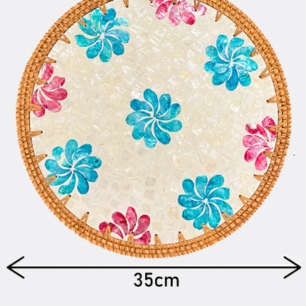 size Mother of Pearl Blue & Pink Floral Mosaic Round Rattan Placemat & Charger Plate 35cm by Lotushandcrafts.