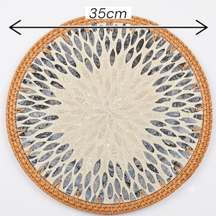 size Rattan & Mother of Pearl Sunburst Floral Mosaic Rattan Round Placemat by Lotushandcrafts. 