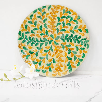 Handmade Mother of Pearl Green & Gold Leaf Round Placemat.