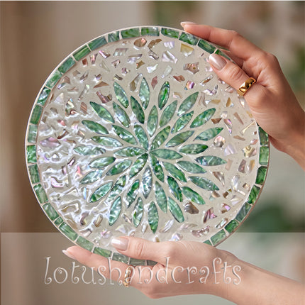Mother of Pearl Round Green Leaf inlay Placemat.