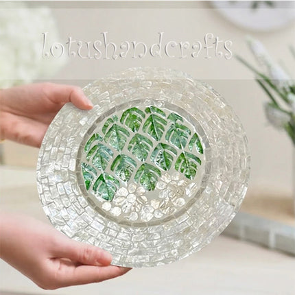 cute Mother of Pearl Green Monstera Leaf & White Floral  Mosaic Decorative Plate.