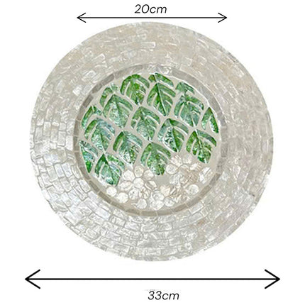 size Green Monstera Leaf & White Floral Mother of Pearl Mosaic Decorative Plate by Lotushandcrafts.