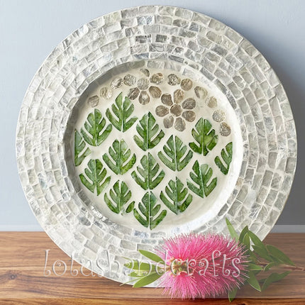 cute Monstera Leaf & White Floral Mother of Pearl Mosaic Decorative Plate by Lotushandcrafts.