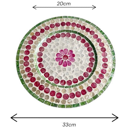 size Mother of Pearl Round Green Pink Floral Mosaic Inlay Charger Plate by Lotushandcrafts. 