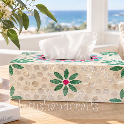 Top-down view of a handmade shell inlay tissue holder showcasing a vibrant green and turquoise floral motif.