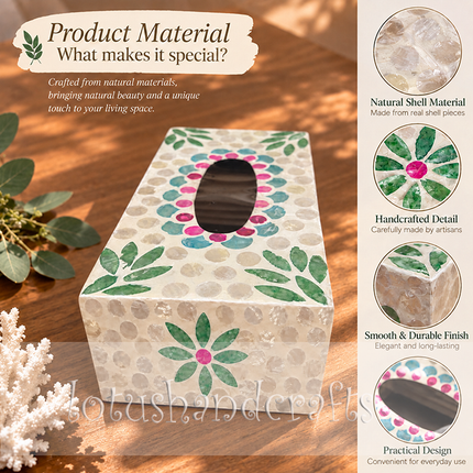 A luxury decorative tissue dispenser with a luminous pearlescent shell finish, displaying its detailed craftsmanship under bright studio lighting.
