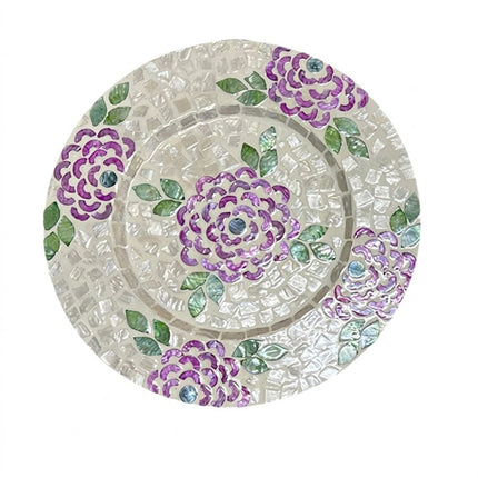 Mother of Pearl Purple Floral & Green Leaf Mosaic Inlay Decorative Charger Plate by Lotushandcrafts.