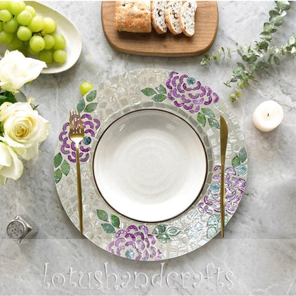 Mother of Pearl Purple Floral & Green Leaf Mosaic Inlay Decorative Charger Plate.