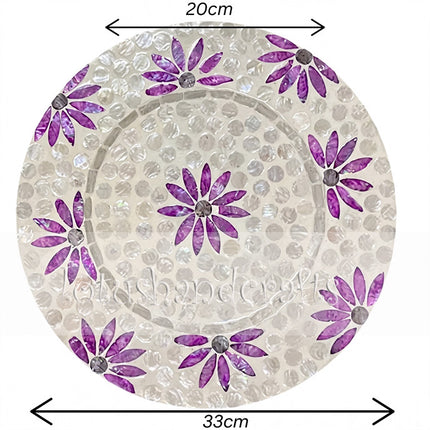 size Mother of Pearl Round with Purple Floral Charger Plate.