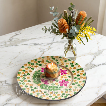 Handcrafts Mother of Pearl Round Green Yellow Purple Floral Charger Plate. 