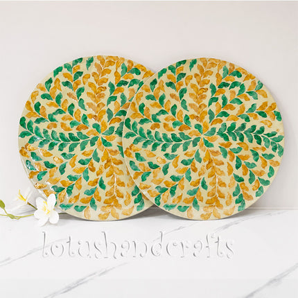 Mother of Pearl Green & Gold Leaf Round Placemat.