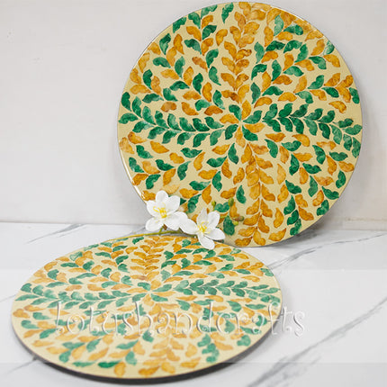 Mother of Pearl Green & Gold Leaf Round Placemat by Lotushandcrafts.