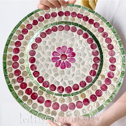 Mother of Pearl Round Green & Pink Floral Mosaic Inlay Charger Plate by Lotushandcrafts. 