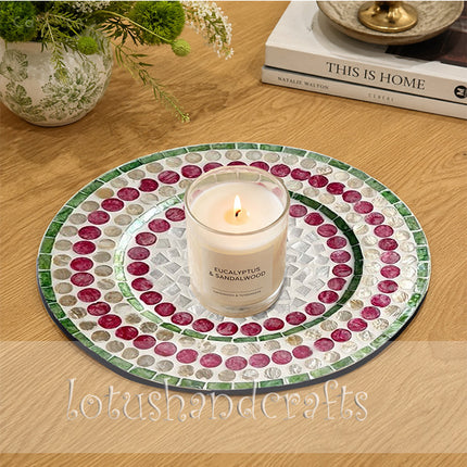 Mother of Pearl Round Green and Pink Floral Mosaic Inlay Charger Plate by Lotushandcrafts. 
