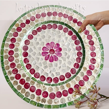 cute Mother of Pearl Round Green Pink Floral Mosaic Inlay Charger Plate.