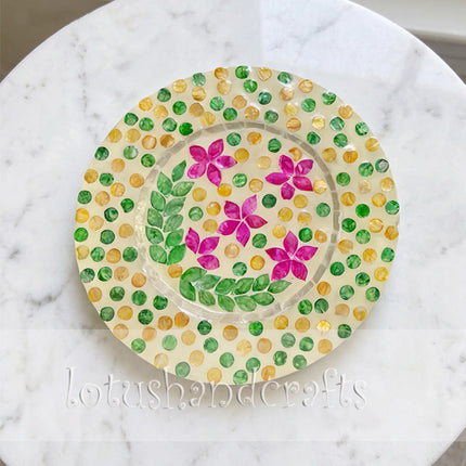 Mother of Pearl Round Green Yellow Purple Floral Inlay Charger Plate.