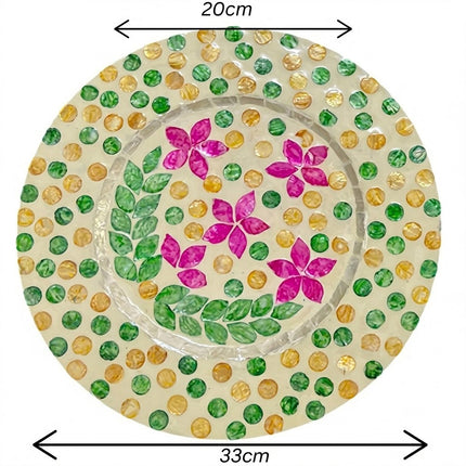 Mother of Pearl Round Green Yellow Purple Floral Charger Plate.