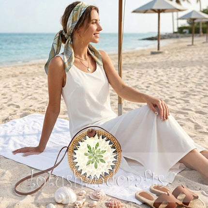 Handcrafted Round Rattan Crossbody Bag with Mother of Pearl Leaf Mosaic and Leather Strap by Lotushandcrafts