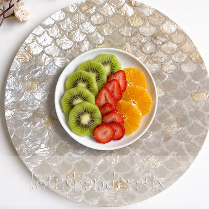 Round Mother of Pearl Placemat with Scallop Shell Mosaic Inlay by Lotushandcrafts.