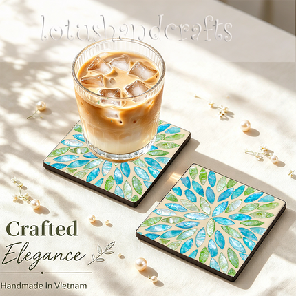 Full set of 6 shell coasters + holder — hand-inlaid blue-green foliage, luxury table decor.