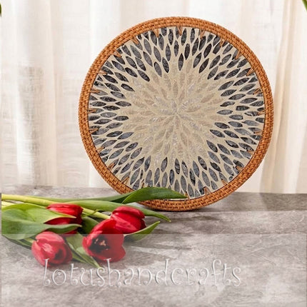 Rattan & Mother of Pearl Sunburst Floral Mosaic Rattan Round Placemat. 