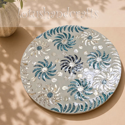 cute Round Mother of Pearl with White & Blue Spiral Floral Placemat.