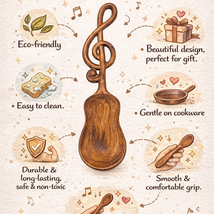 Handmade music note wooden spoon is safe for users and crafted for everyday use with natural materials.
