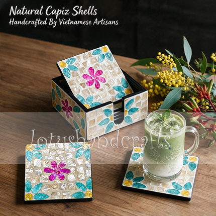6-piece handcrafted iridescent mosaic flower seashell coaster set.