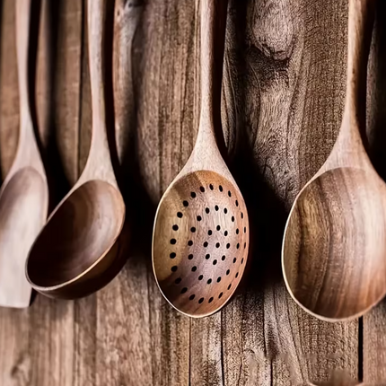 Luxury handmade wooden spoon set with 5 pieces crafted from natural wood for safe, elegant and everyday kitchen use.