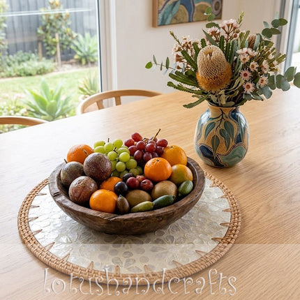 Round Rattan Mother of Pearl Floral Mosaic Charger Plate.