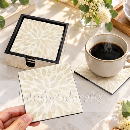 Elegant table protection: White capiz shell mosaic coaster on a modern surface.
