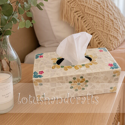 Artisanal natural shell tissue box cover highlighting irregular, iridescent fragments with unique color variations and a sturdy structure.