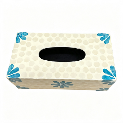 A rectangular mother-of-pearl tissue box featuring a stunning blue floral mosaic design.