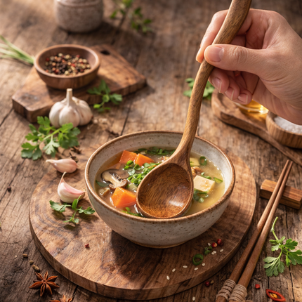 Handmade wooden spoon with crafted wavy design ideal for serving meals adding natural elegance to everyday dining experience.