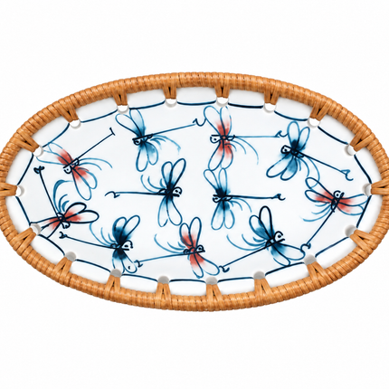 Blue and red dragonfly motifs are hand-painted across the white ceramic surface, creating a graceful nature-inspired focal point.