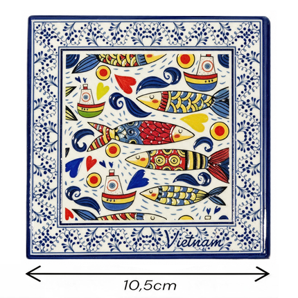 Elegant blue-and-white floral border featuring delicate vines, curling leaves, and tiny blossoms surrounding colourful sardine artwork.