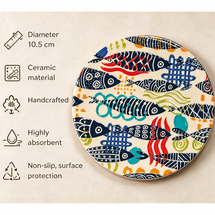 Celebrate the beauty of ocean-inspired artwork with playful swimming fish decorated with delicate stripes, dotted scales, circular motifs, and intricate patterns.