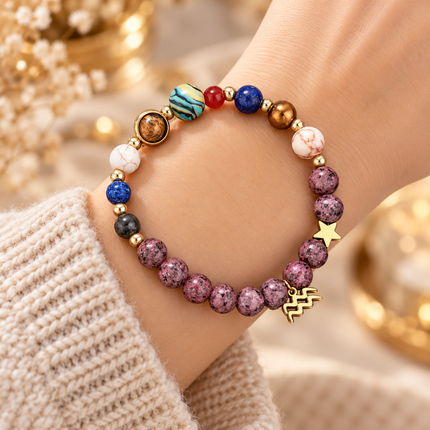 Aquarius Rhodonite Zodiac Bracelet approx 18–18.5 cm