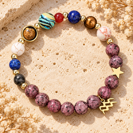 Aquarius Rhodonite Zodiac Bracelet approx 18–18.5 cm