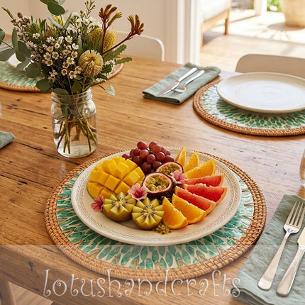 Handcrafts Turquoise Radiant Leaf Mother of Pearl Rattan Tray Charger Plate.