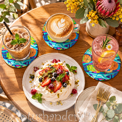 A bright tropical fruit coaster suitable for cafés, offices, kitchen counters, desks, and entertaining areas, combining practical use with artistic decoration.