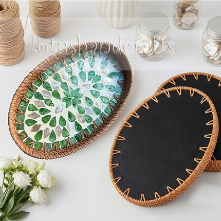 Handwoven oval rattan tray with green leaf mother of pearl mosaic inlay, easy to clean.