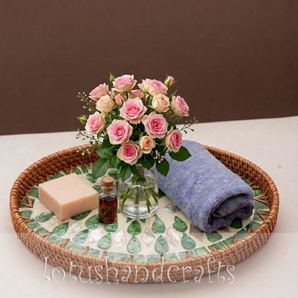 Handwoven Oval Rattan Tray with Green Leaf Mother of Pearl Mosaic Inlay.