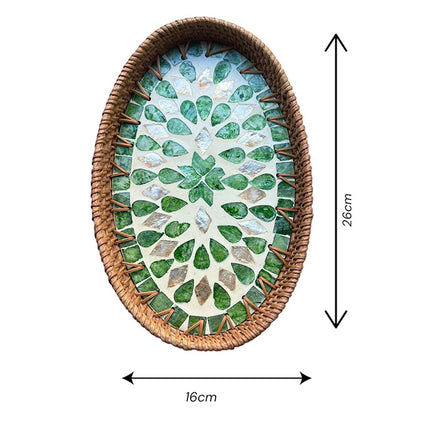Handwoven Oval Rattan Tray with Green Leaf Mother of Pearl Mosaic Inlay Size.